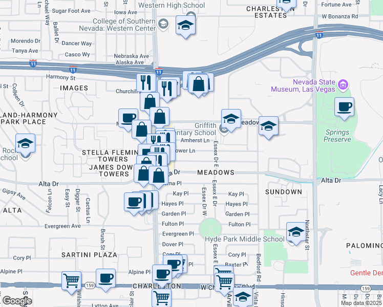 map of restaurants, bars, coffee shops, grocery stores, and more near 4605 Mayflower Lane in Las Vegas