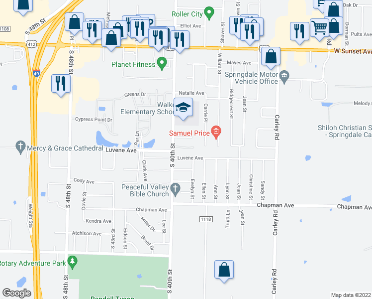 map of restaurants, bars, coffee shops, grocery stores, and more near 1913 South 40th Street in Springdale