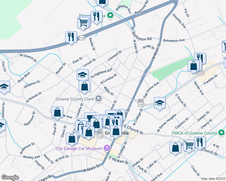 map of restaurants, bars, coffee shops, grocery stores, and more near 211 Spencer Street in Greeneville