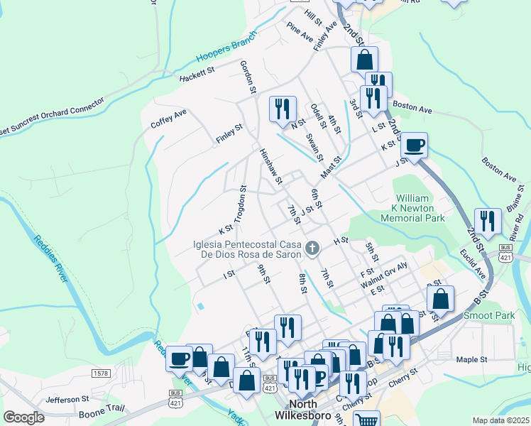 map of restaurants, bars, coffee shops, grocery stores, and more near 1006 Franklin Street in North Wilkesboro