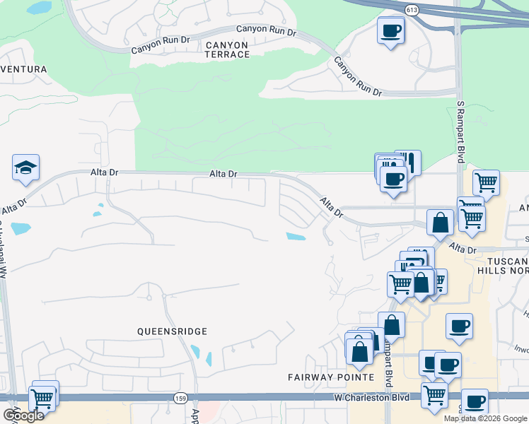 map of restaurants, bars, coffee shops, grocery stores, and more near 9301 Queen Charlotte Drive in Las Vegas