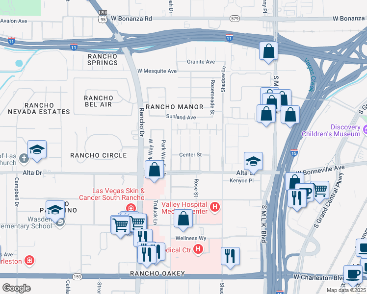 map of restaurants, bars, coffee shops, grocery stores, and more near 321 South Beaumont Street in Las Vegas