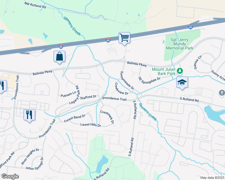 map of restaurants, bars, coffee shops, grocery stores, and more near 105 Cedarwood Court in Mt. Juliet
