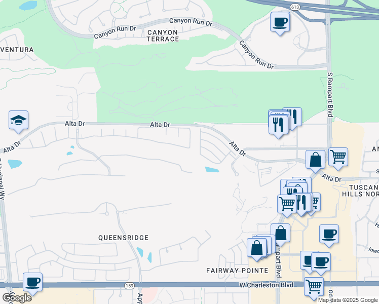 map of restaurants, bars, coffee shops, grocery stores, and more near 9301 Queen Charlotte Drive in Las Vegas