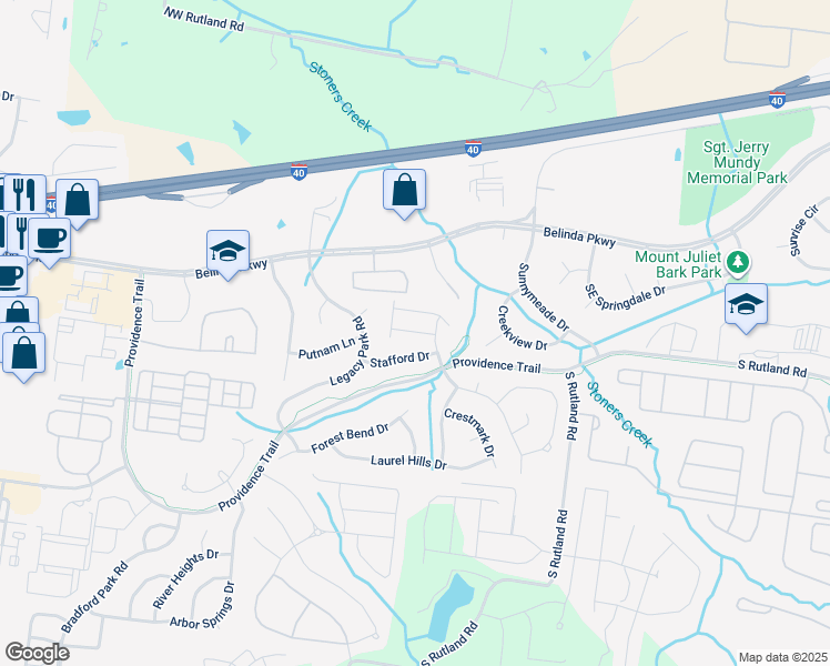 map of restaurants, bars, coffee shops, grocery stores, and more near 317 Windgrove Terrace in Mount Juliet