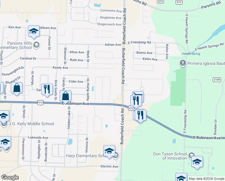 map of restaurants, bars, coffee shops, grocery stores, and more near 3190 East Robinson Avenue in Springdale