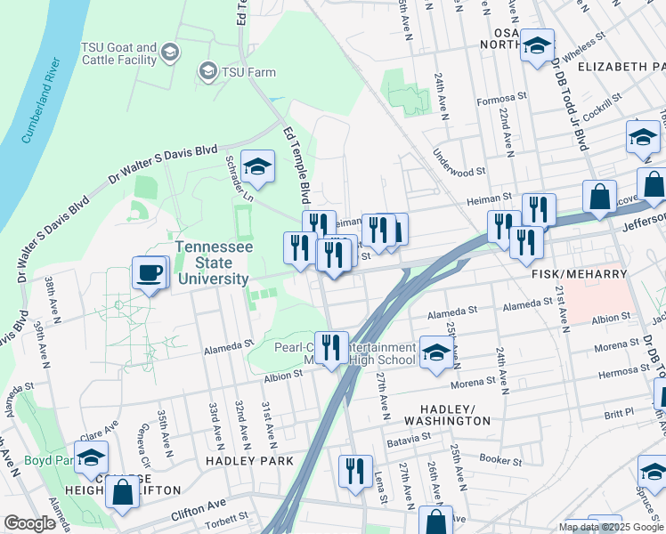 map of restaurants, bars, coffee shops, grocery stores, and more near 2714 Jefferson Street in Nashville