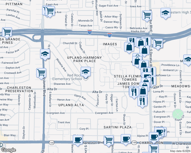 map of restaurants, bars, coffee shops, grocery stores, and more near 401 Falcon Lane in Las Vegas