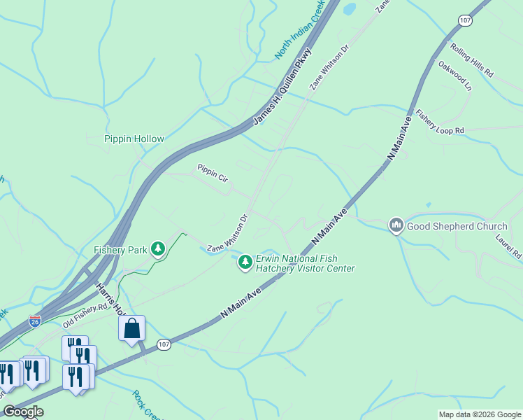 map of restaurants, bars, coffee shops, grocery stores, and more near 1205 Brown Road in Erwin