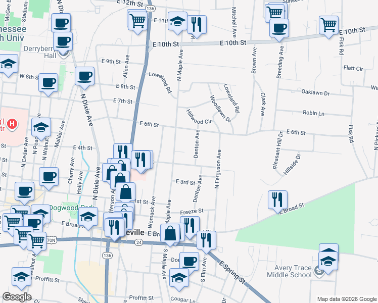 map of restaurants, bars, coffee shops, grocery stores, and more near 528 Chad Lane in Cookeville