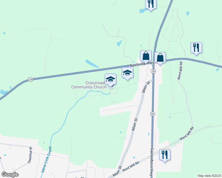 map of restaurants, bars, coffee shops, grocery stores, and more near 6950 Nashville Highway in Baxter