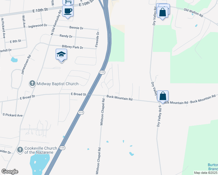 map of restaurants, bars, coffee shops, grocery stores, and more near 29a Eastgate Circle in Cookeville