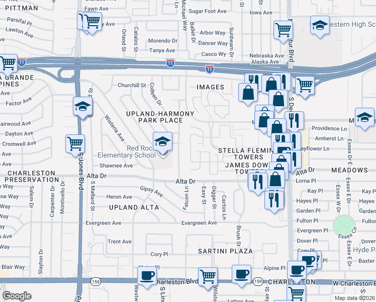 map of restaurants, bars, coffee shops, grocery stores, and more near 401 Falcon Lane in Las Vegas
