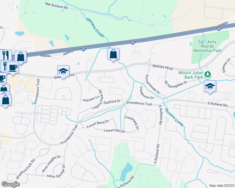map of restaurants, bars, coffee shops, grocery stores, and more near 329 Windgrove Terrace in Mt. Juliet