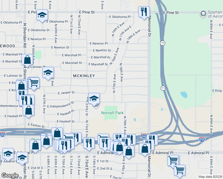 map of restaurants, bars, coffee shops, grocery stores, and more near 836 North 77th East Avenue in Tulsa