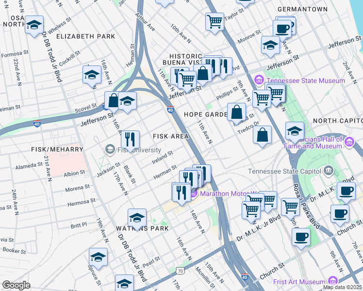 map of restaurants, bars, coffee shops, grocery stores, and more near 923 12th Avenue North in Nashville