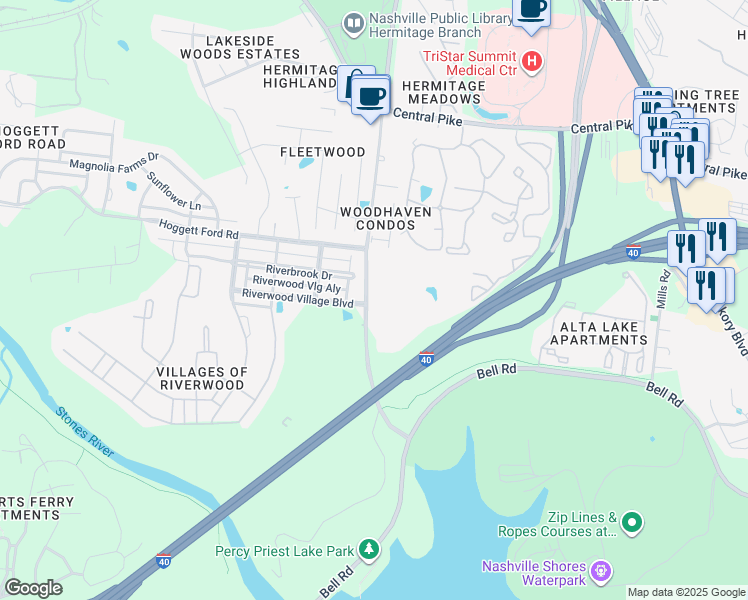 map of restaurants, bars, coffee shops, grocery stores, and more near 1609 Oakwell Farms Lane in Nashville