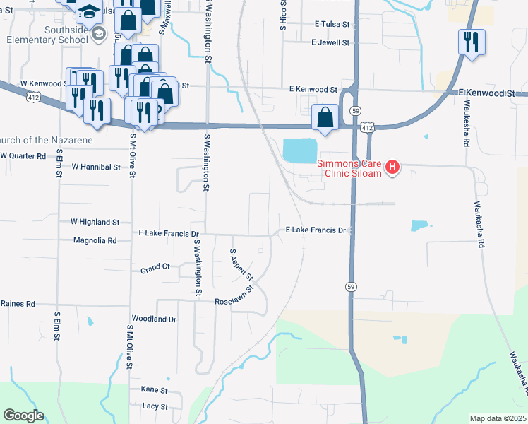 map of restaurants, bars, coffee shops, grocery stores, and more near 1009 East Lake Francis Drive in Siloam Springs