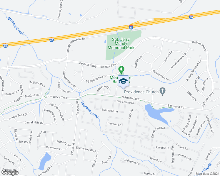 map of restaurants, bars, coffee shops, grocery stores, and more near 203 Killian Way in Mount Juliet