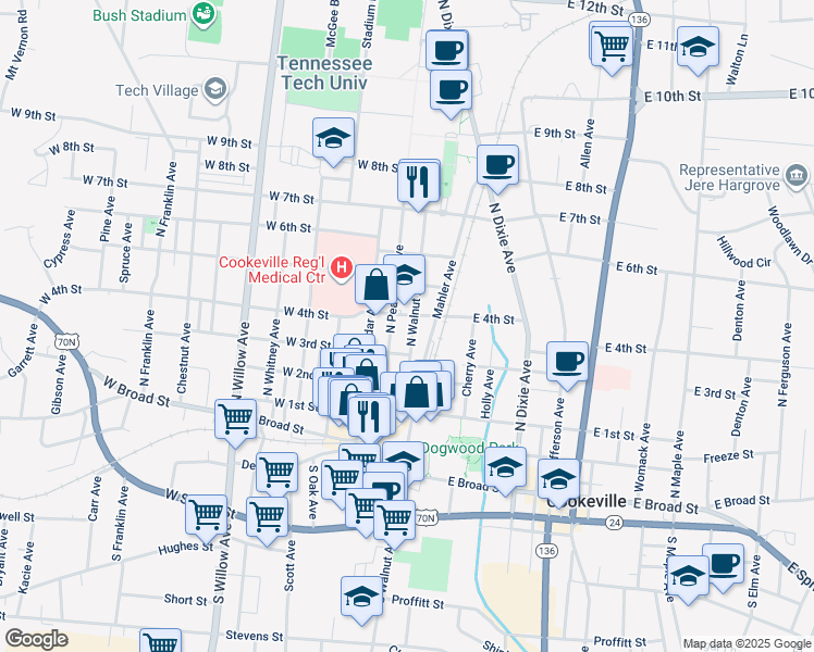 map of restaurants, bars, coffee shops, grocery stores, and more near 340 North Walnut Avenue in Cookeville