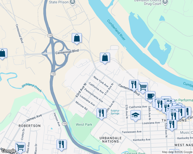 map of restaurants, bars, coffee shops, grocery stores, and more near 6210 New York Avenue in Nashville