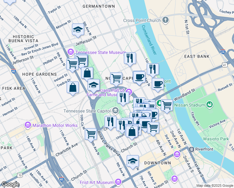 map of restaurants, bars, coffee shops, grocery stores, and more near 510 Gay Street in Nashville