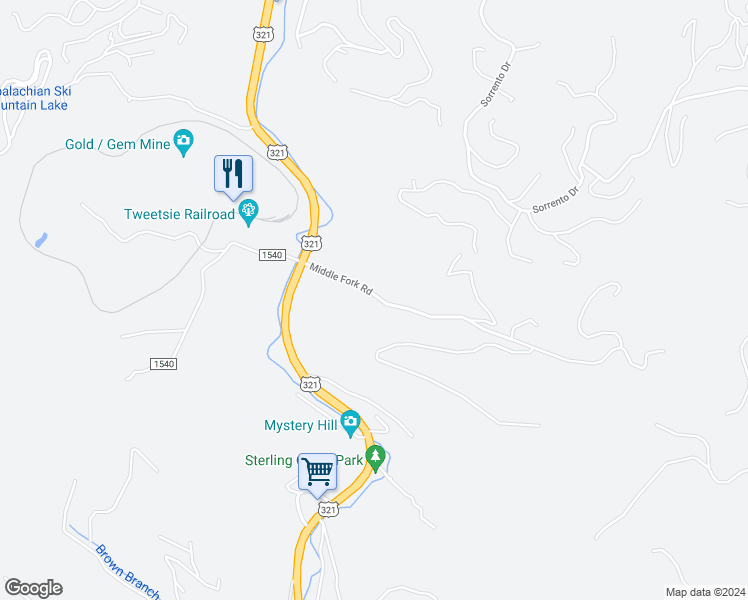 map of restaurants, bars, coffee shops, grocery stores, and more near 296 Middle Fork Road in Blowing Rock