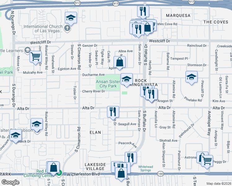 map of restaurants, bars, coffee shops, grocery stores, and more near 7753 Cherry River Drive in Las Vegas