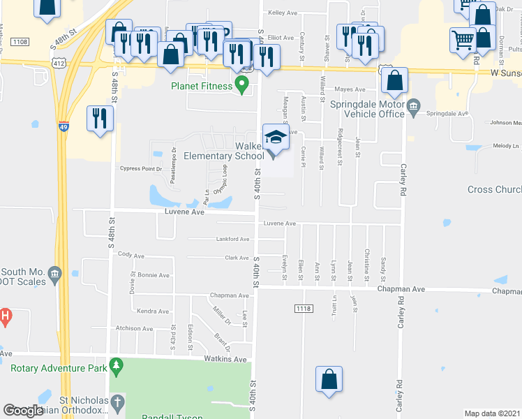 map of restaurants, bars, coffee shops, grocery stores, and more near 1929 South 40th Street in Springdale