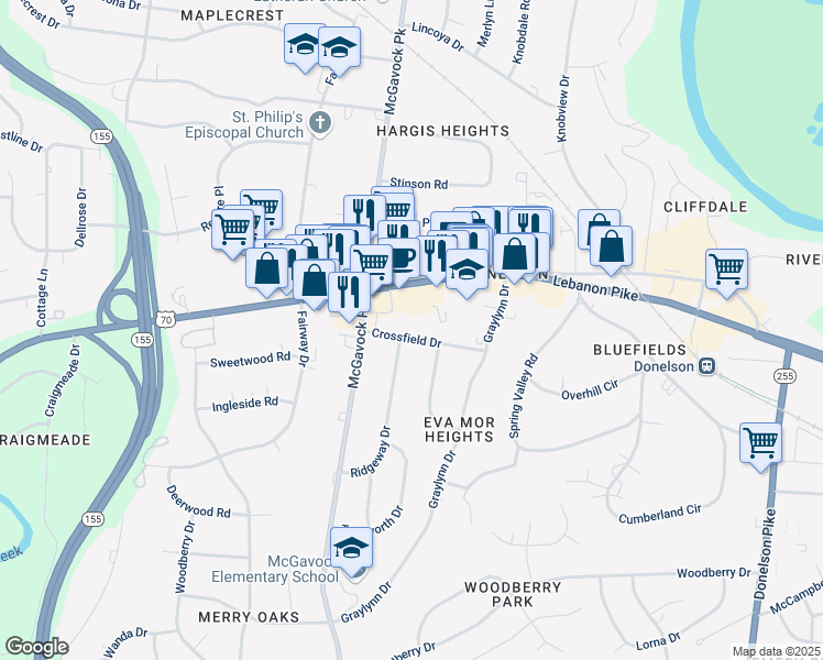 map of restaurants, bars, coffee shops, grocery stores, and more near 2516 Crossfield Drive in Nashville