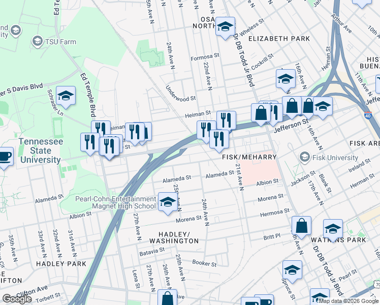 map of restaurants, bars, coffee shops, grocery stores, and more near 2402 Meharry Boulevard in Nashville