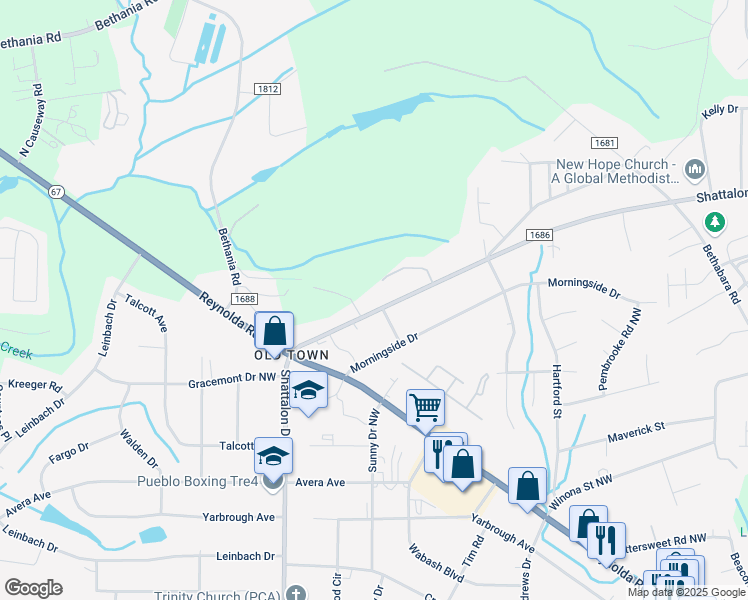 map of restaurants, bars, coffee shops, grocery stores, and more near 4851 Shattalon Drive in Winston-Salem