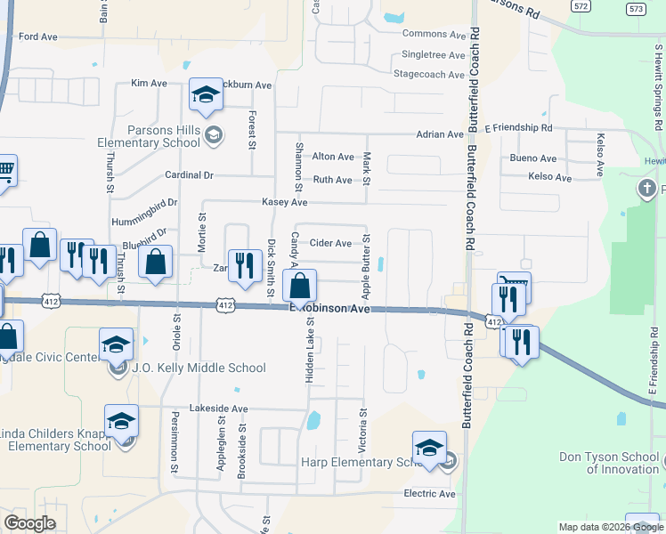 map of restaurants, bars, coffee shops, grocery stores, and more near 2715 Fruit Tree Avenue in Springdale