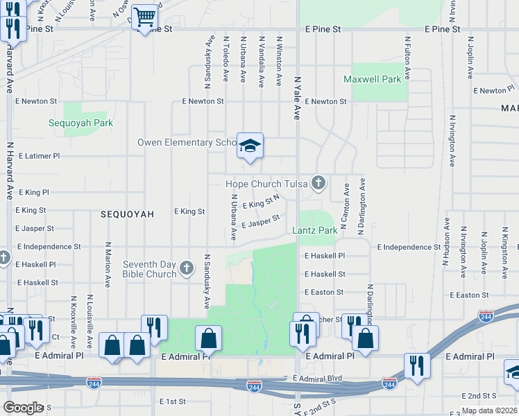 map of restaurants, bars, coffee shops, grocery stores, and more near 4704 East King Street North in Tulsa