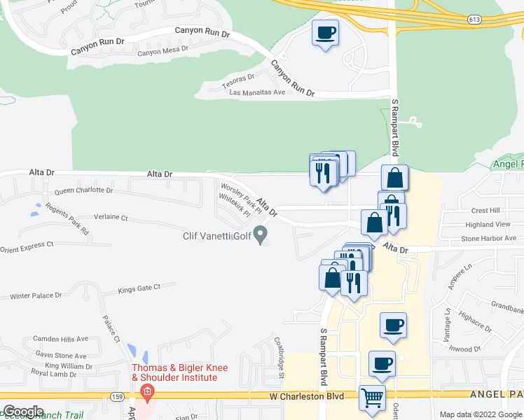 map of restaurants, bars, coffee shops, grocery stores, and more near 9136 Worsley Park Place in Las Vegas