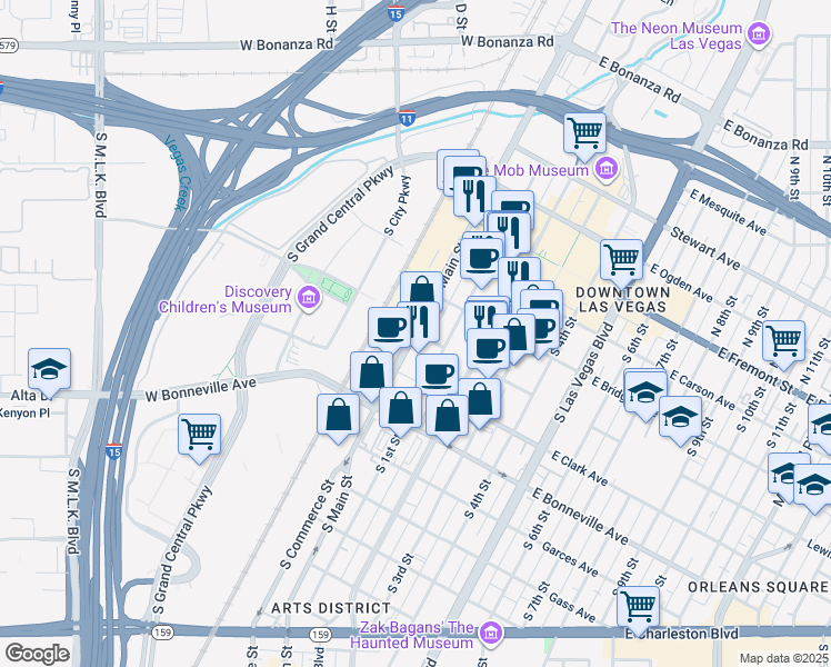 map of restaurants, bars, coffee shops, grocery stores, and more near 2 Lewis Avenue in Las Vegas