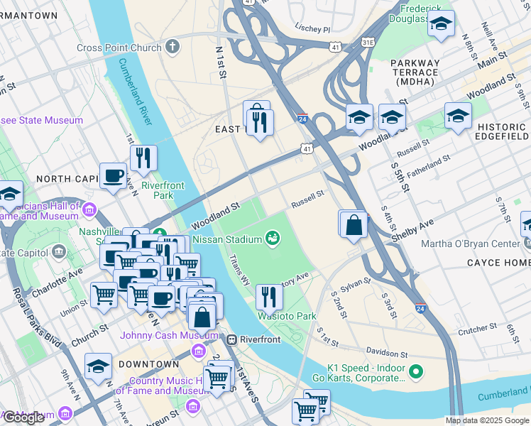 map of restaurants, bars, coffee shops, grocery stores, and more near 123 South 1st Street in Nashville