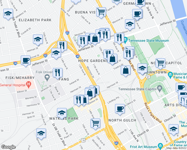 map of restaurants, bars, coffee shops, grocery stores, and more near 910 Morrison Street in Nashville