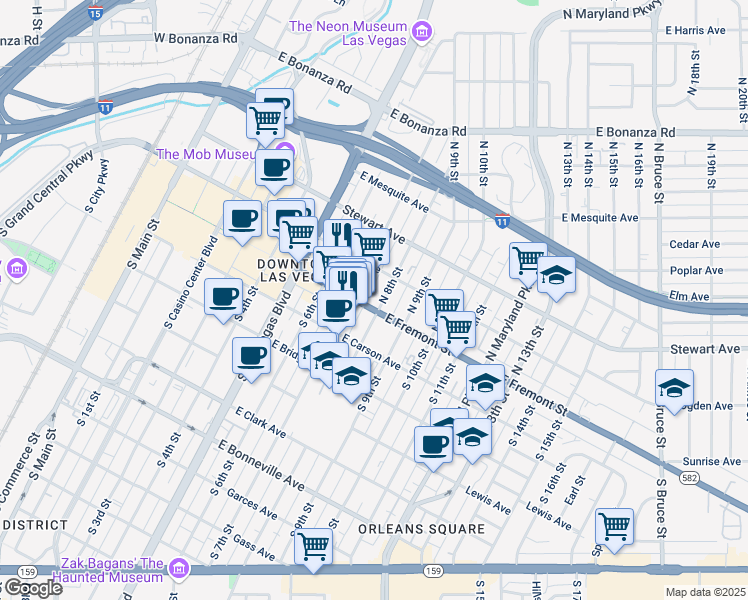 map of restaurants, bars, coffee shops, grocery stores, and more near 800 East Fremont Street in Las Vegas