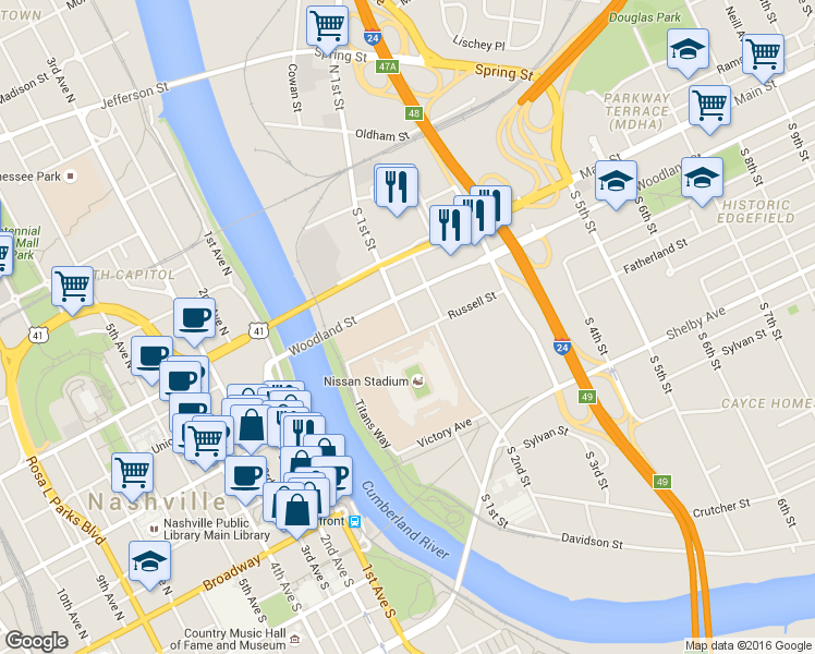 map of restaurants, bars, coffee shops, grocery stores, and more near 123 South 1st Street in Nashville