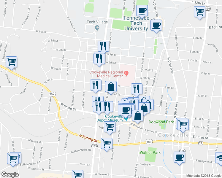 map of restaurants, bars, coffee shops, grocery stores, and more near 228 West 4th Street in Cookeville