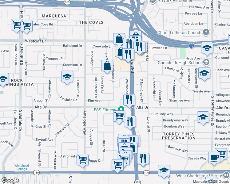 map of restaurants, bars, coffee shops, grocery stores, and more near 413 Redstone Street in Las Vegas