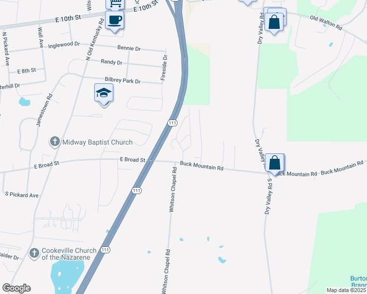 map of restaurants, bars, coffee shops, grocery stores, and more near 29a Eastgate Circle in Cookeville
