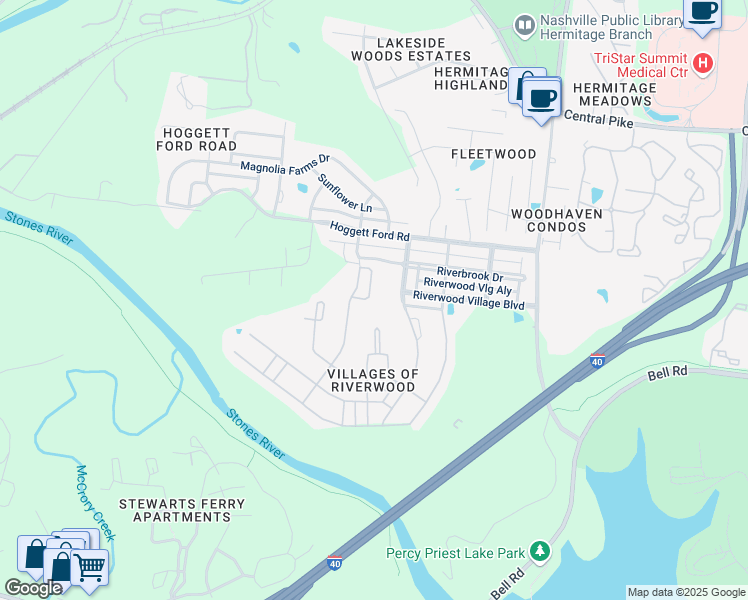 map of restaurants, bars, coffee shops, grocery stores, and more near 2914 Treloar Way in Nashville