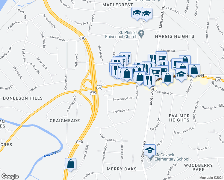 map of restaurants, bars, coffee shops, grocery stores, and more near 100 Blue Hills Drive in Nashville