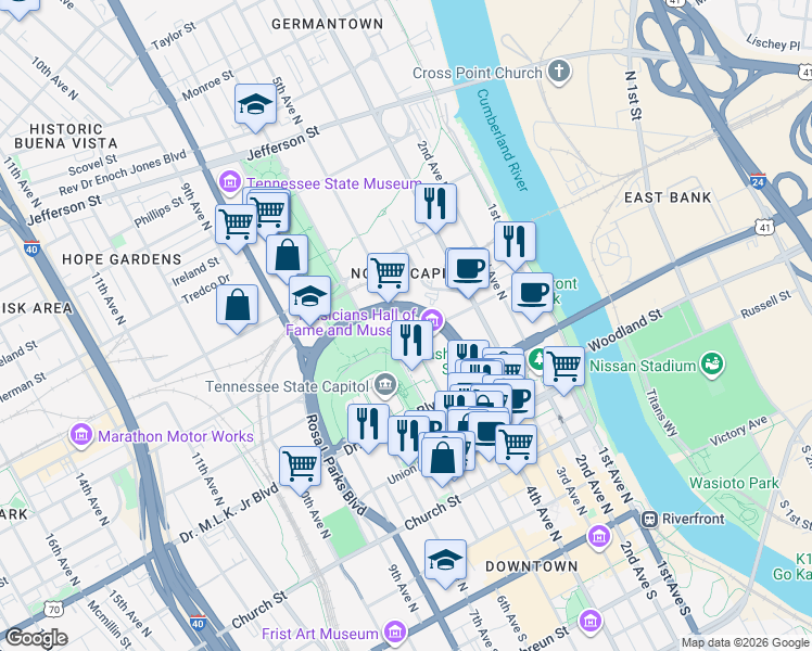 map of restaurants, bars, coffee shops, grocery stores, and more near 510 Gay Street in Nashville