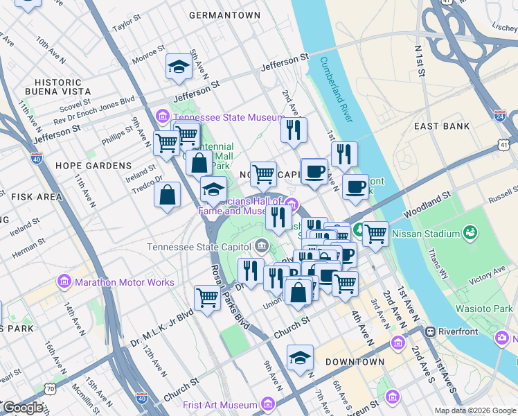 map of restaurants, bars, coffee shops, grocery stores, and more near 510 Gay Street in Nashville