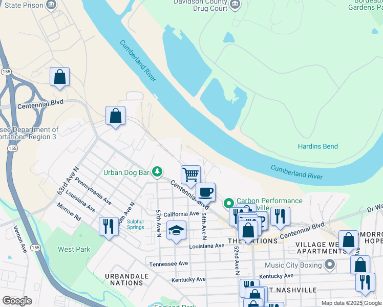 map of restaurants, bars, coffee shops, grocery stores, and more near 1487 51st Avenue North in Nashville