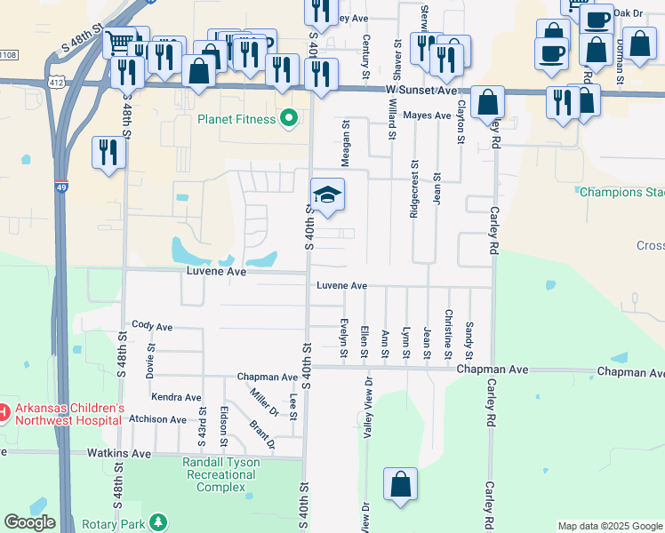 map of restaurants, bars, coffee shops, grocery stores, and more near 1905 South 40th Street in Springdale