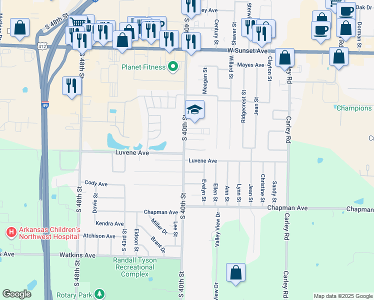 map of restaurants, bars, coffee shops, grocery stores, and more near 1929 South 40th Street in Springdale
